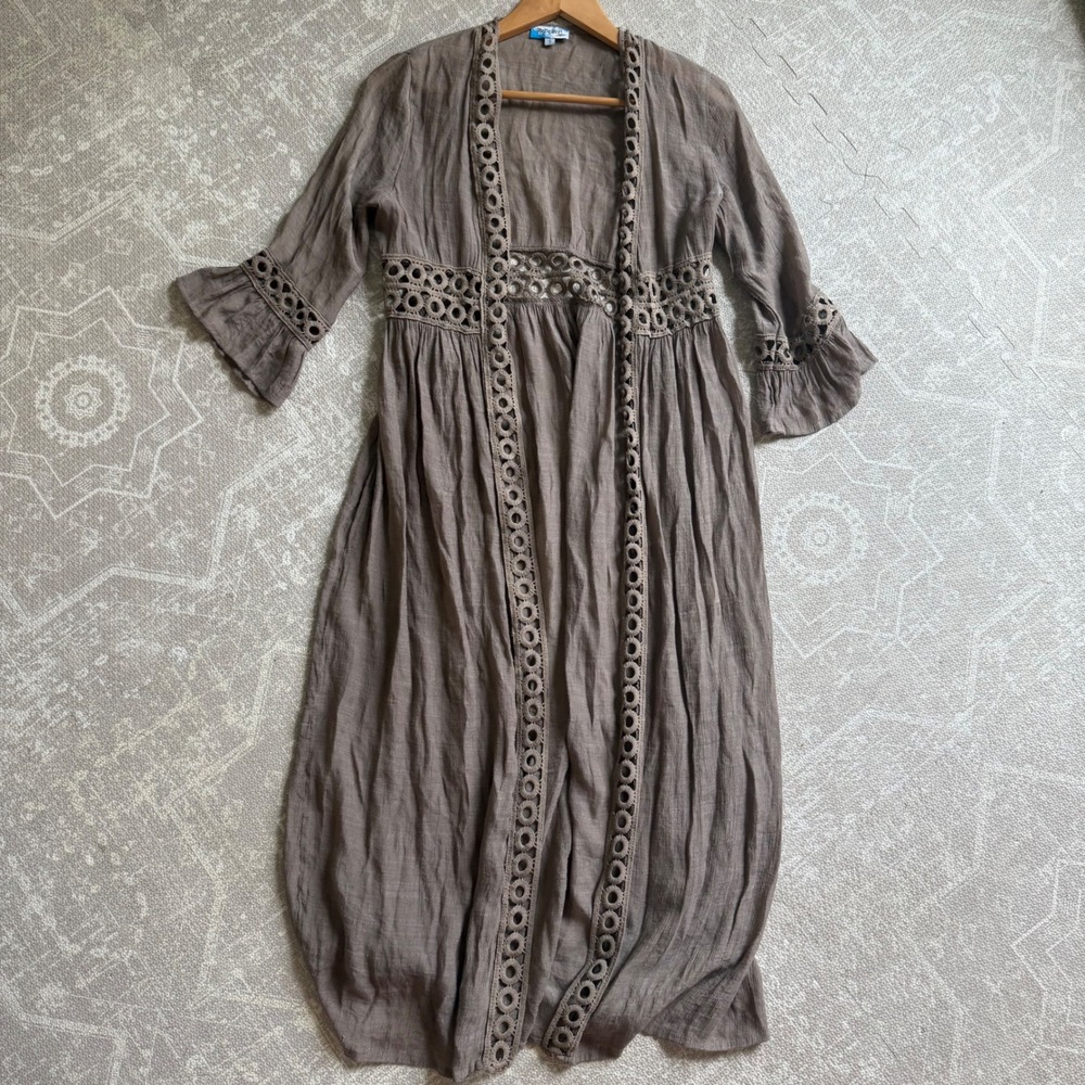Boho Beach Duster Cardigan Womens Small Brown Crochet Eyelet